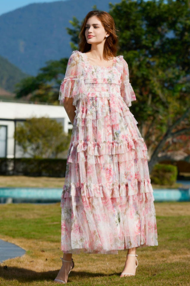 Floral Tulle Ruffle Layered Maxi Dress