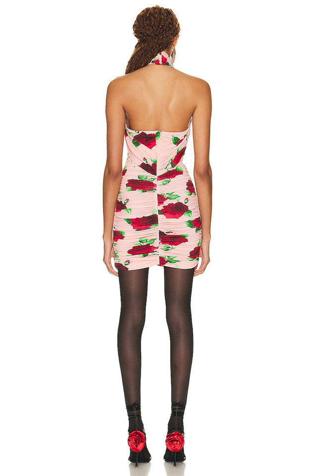 Cutout Ruched Floral Jersey Mini Dress