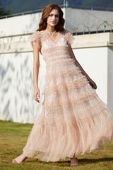 Sequin Layered Ruffle Tulle Maxi Dress