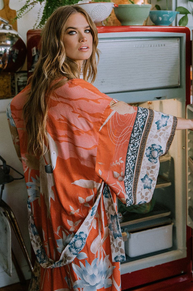 Floral Crane Print Kimono With Belt