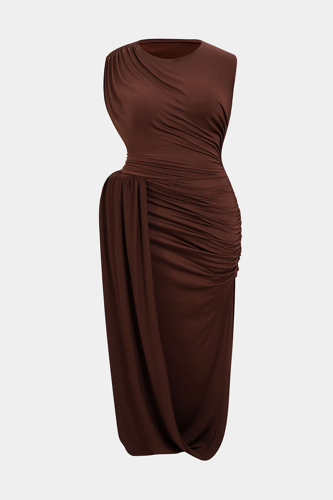 Plus Size Ruched Asymmetrical Sleeveless Midi Dress