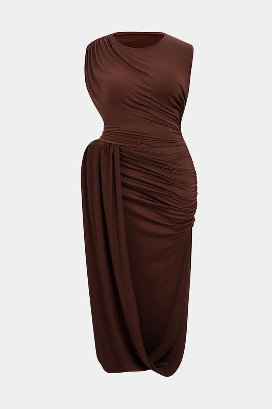 Plus Size Ruched Asymmetrical Sleeveless Midi Dress
