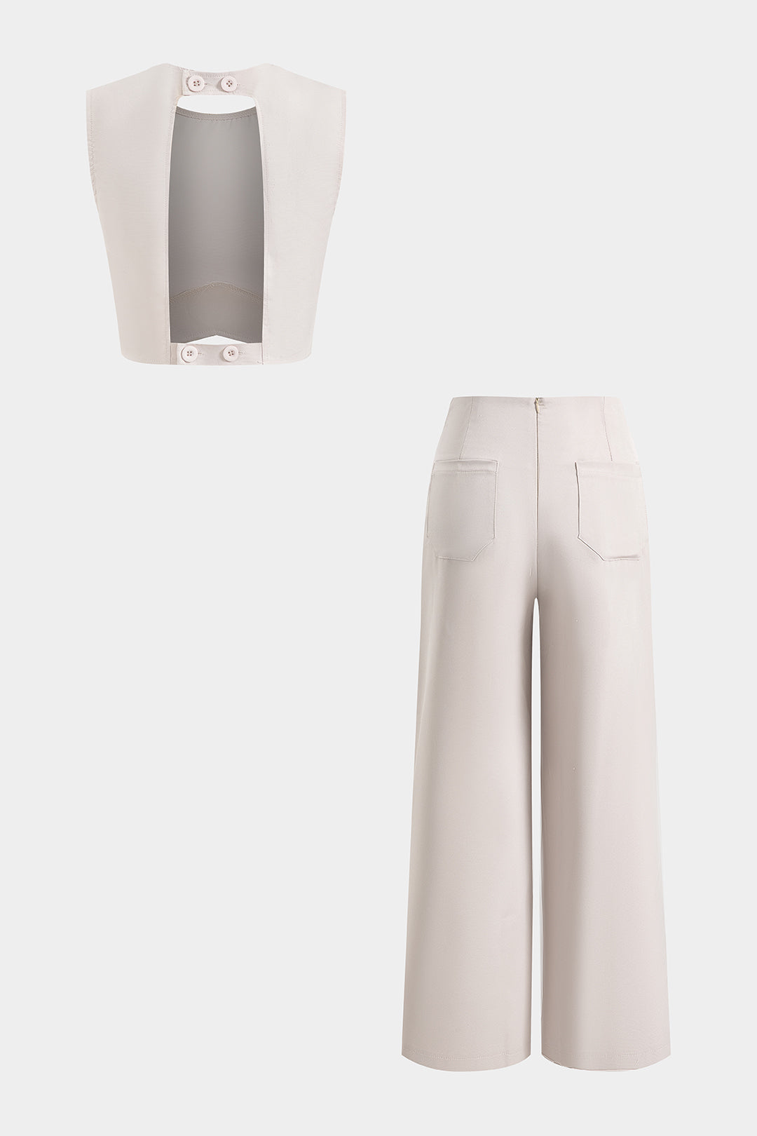 Solid Backless Tank Top And Cut Out Zipper Trousers Set