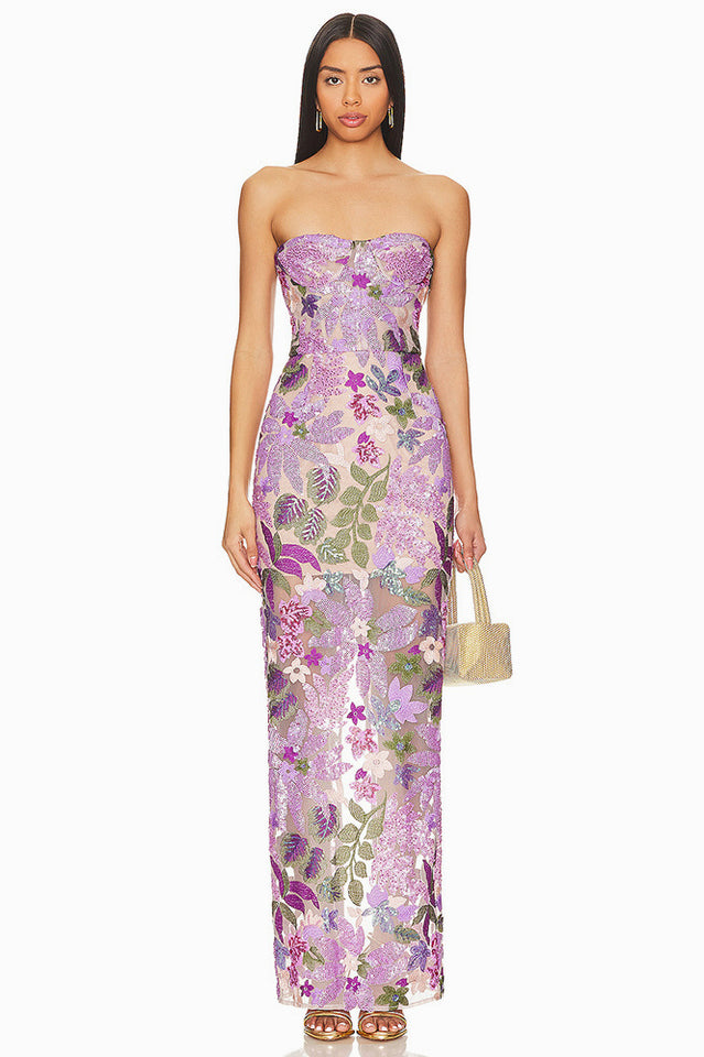 Kamames Strapless Floral Sequined Maxi Dress