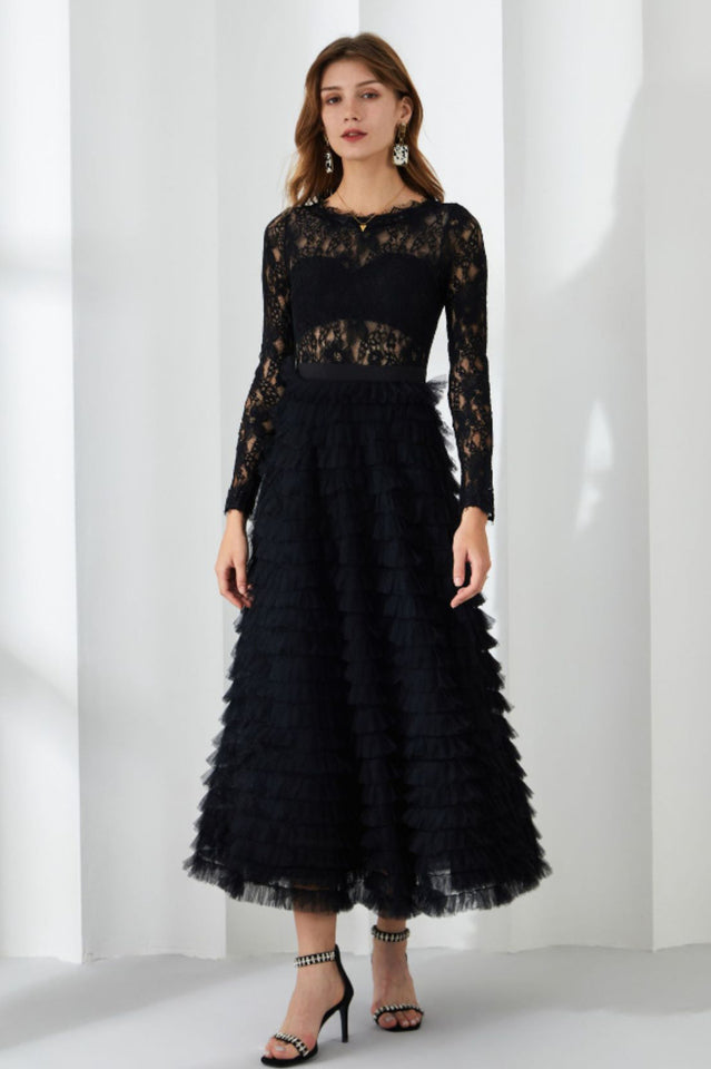 Lace Tiered Ruffle Tulle Maxi Dress