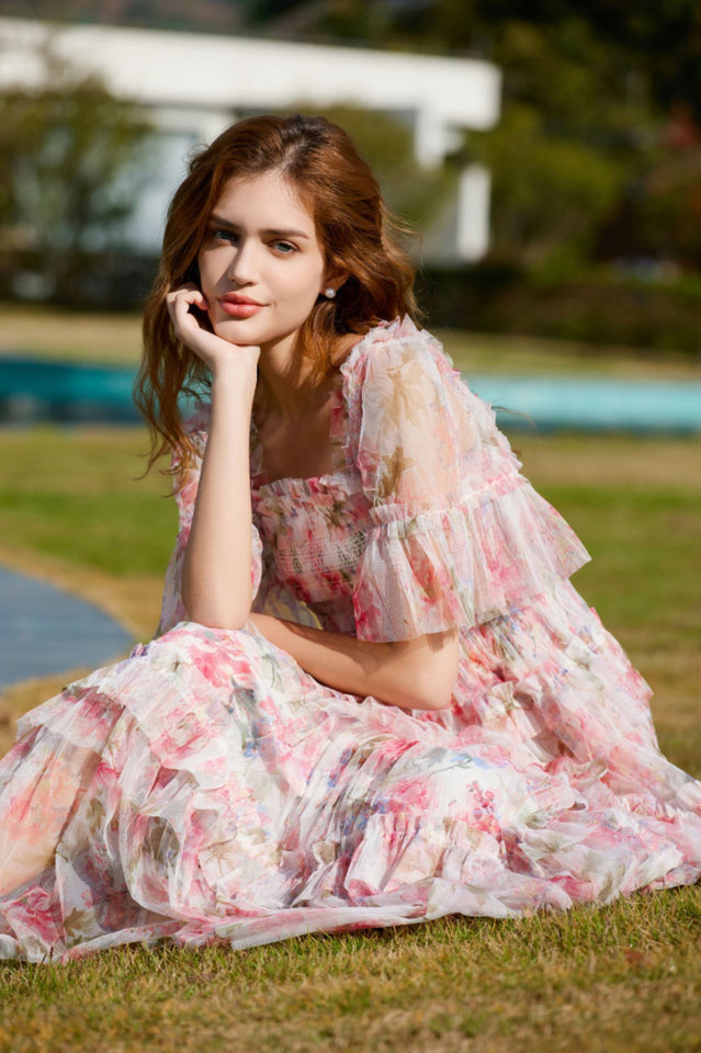 Floral Tulle Ruffle Layered Maxi Dress