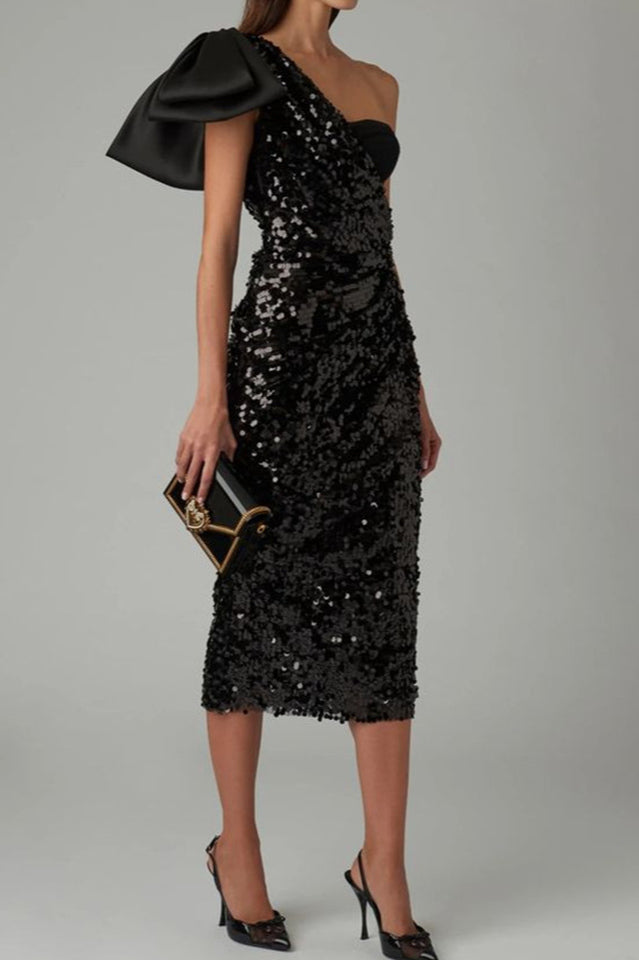 Sequined Longuette Dress With Bow