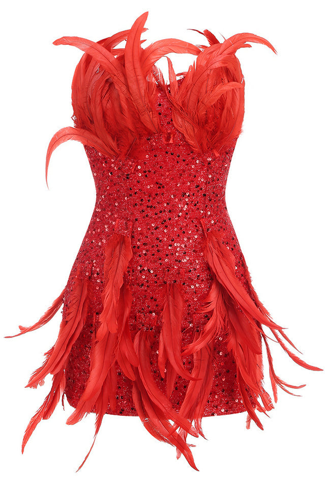 Strapless Sequin Feather Embellished Mini Dress