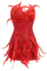 Strapless Sequin Feather Embellished Mini Dress