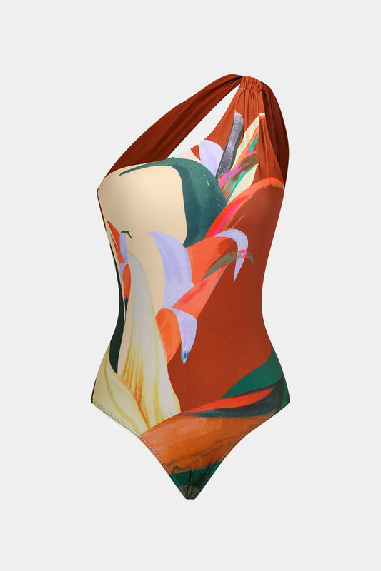 Leaves Print Ruched One Shoulder Backless Tummy Control One-Piece Swimsuit