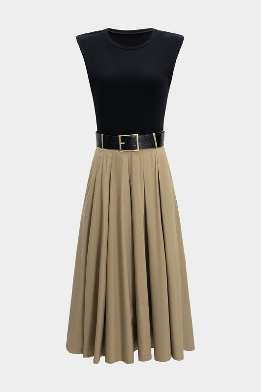 Contrast Patchwork Belted Sleeveless Midi Dress