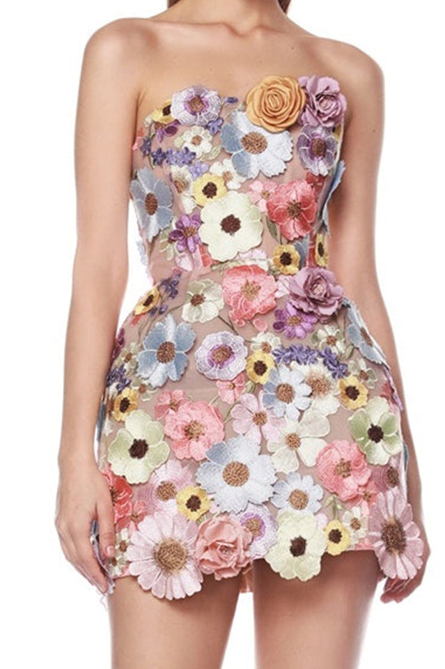 Floral 3D Embroidery Tube Mini Dress