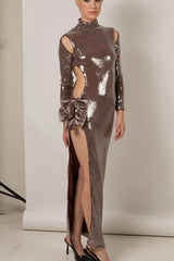 Long Sleeve Bow Detail Sequin Maxi Dress