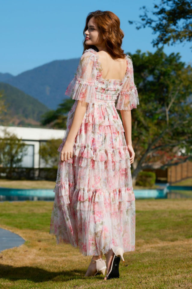 Floral Tulle Ruffle Layered Maxi Dress