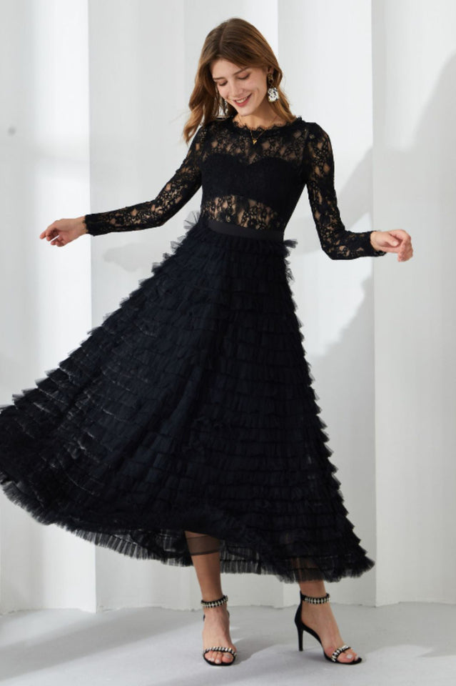 Lace Tiered Ruffle Tulle Maxi Dress