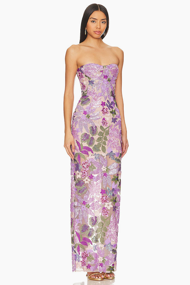 Kamames Strapless Floral Sequined Maxi Dress