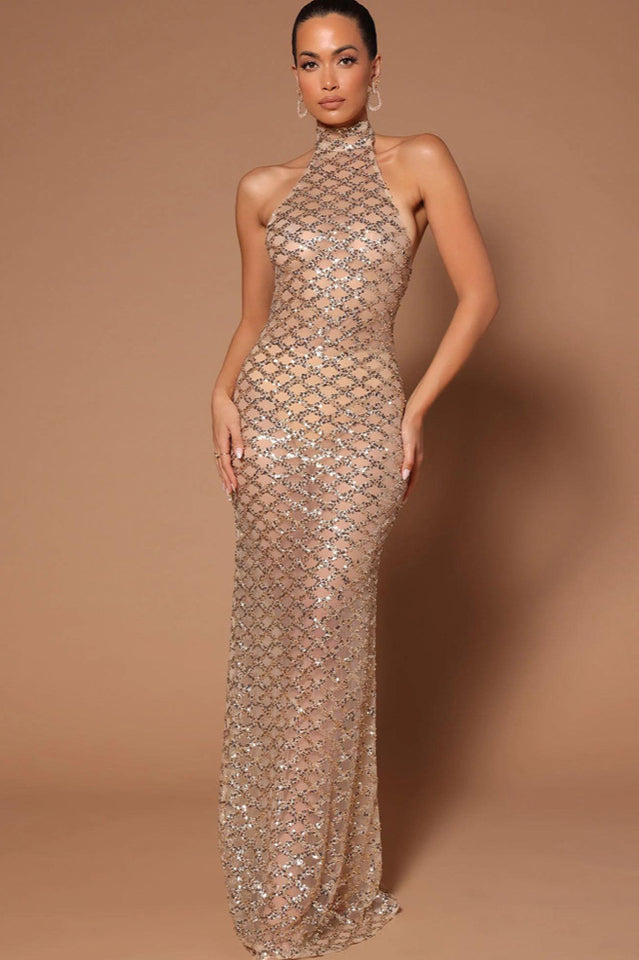 Lunia Sequin Backless Maxi Dress