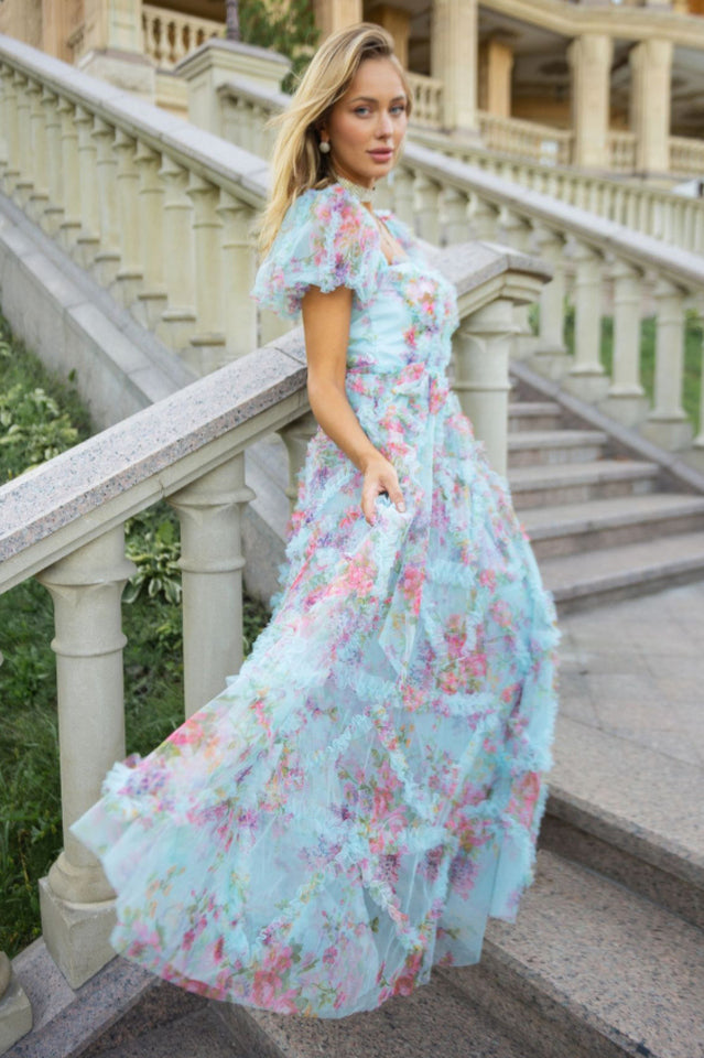 Floral Tulle Puff Sleeve Bow Tie Maxi Dress