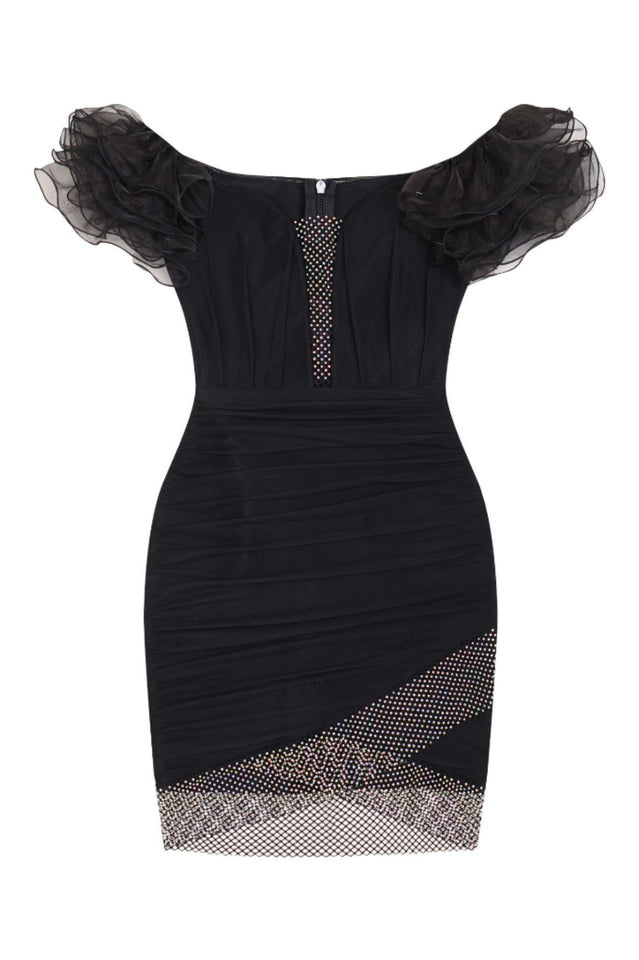 Darcy Ruffle Mesh Crystal Diamante Mini Dress