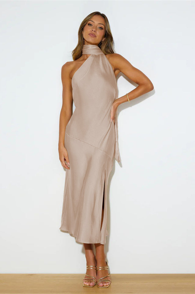 Slinky Open Back Halter Satin Dress