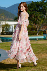 Floral Tulle Ruffle Layered Maxi Dress