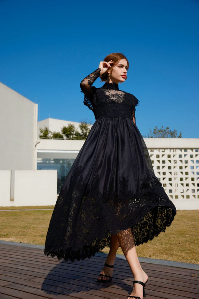 Jamie Black Floral Lace Stitching Dress