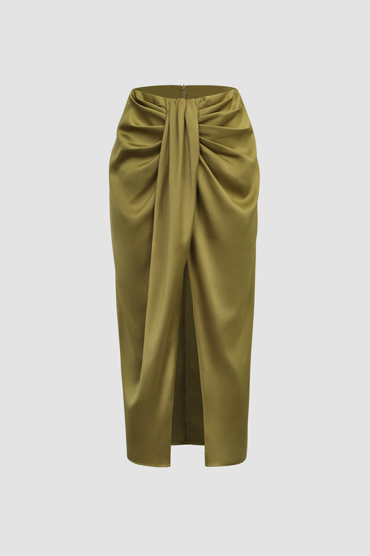 Satin Ruched Slit Midi Skirt