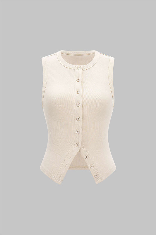 Round Neck Ribbed Button Tank Top