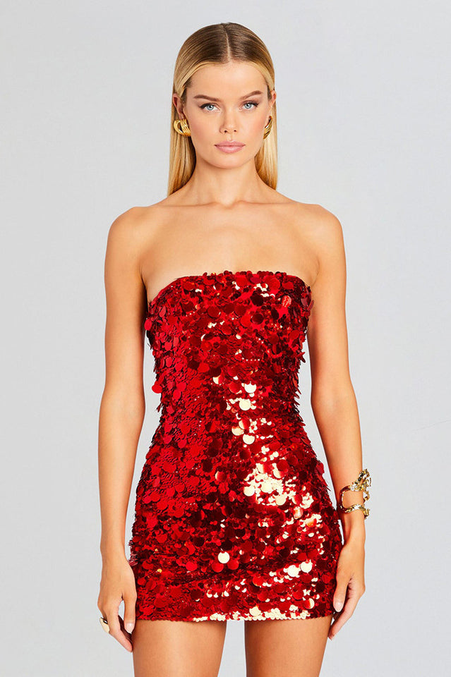 Stergiani Sequin Strapless Mini Red Dress