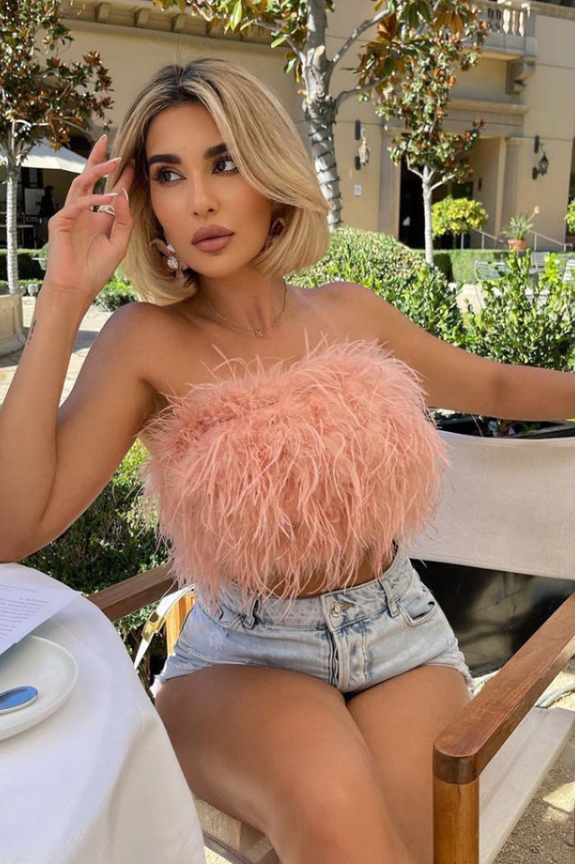 Fancy Strapless Feather Crop Top