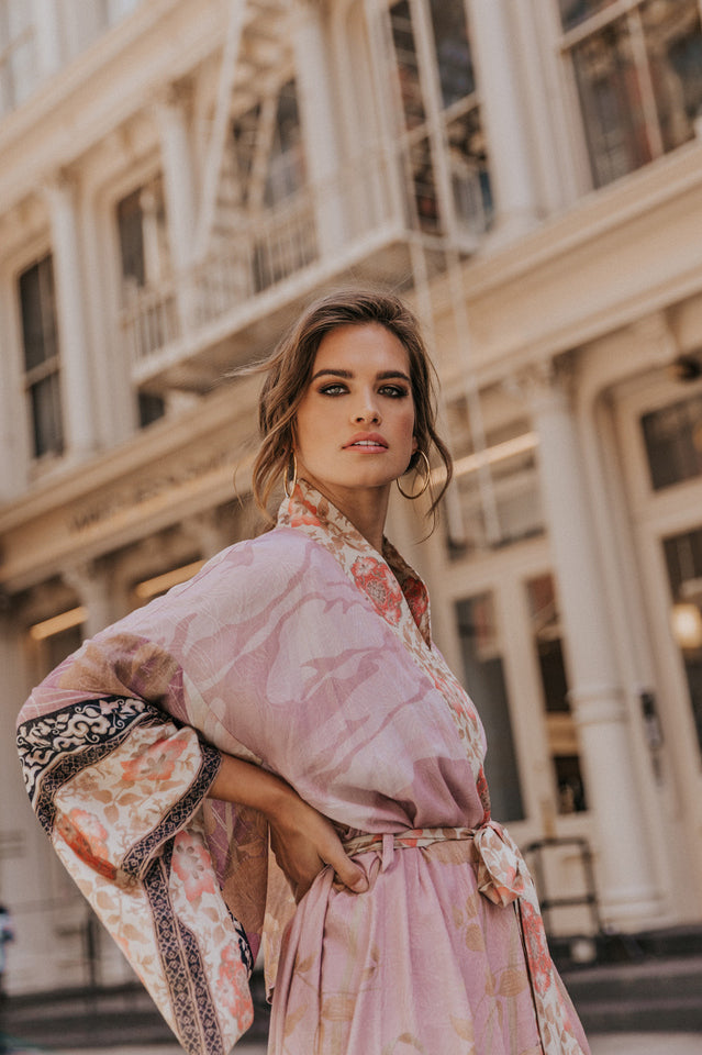 Floral Crane Print Kimono With Belt