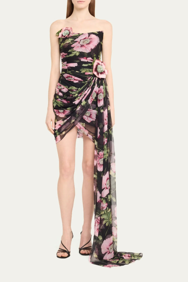 Floral Printed Strapless Draped Mini Dress