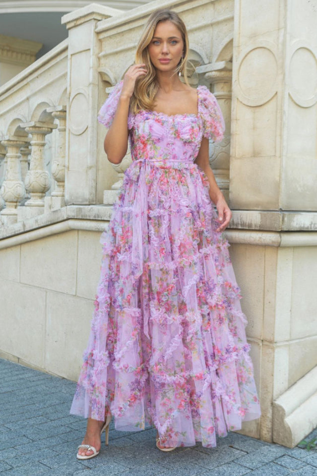 Floral Tulle Puff Sleeve Bow Tie Maxi Dress