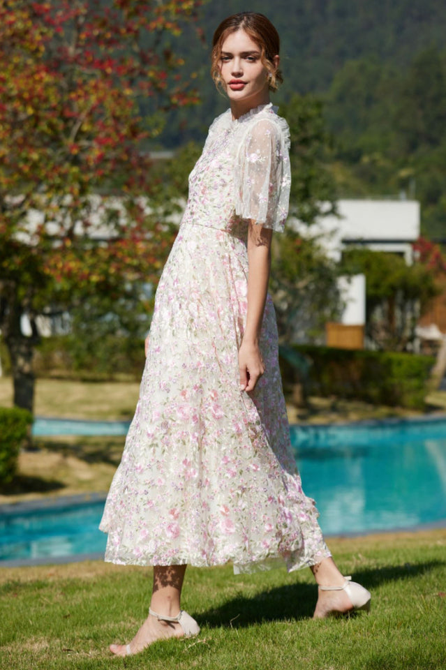 Lavish Embroidered Tulle Maxi Dress