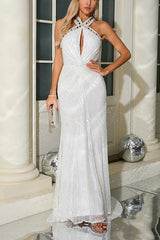 Bobbie White Halter Sequin Maxi Dress