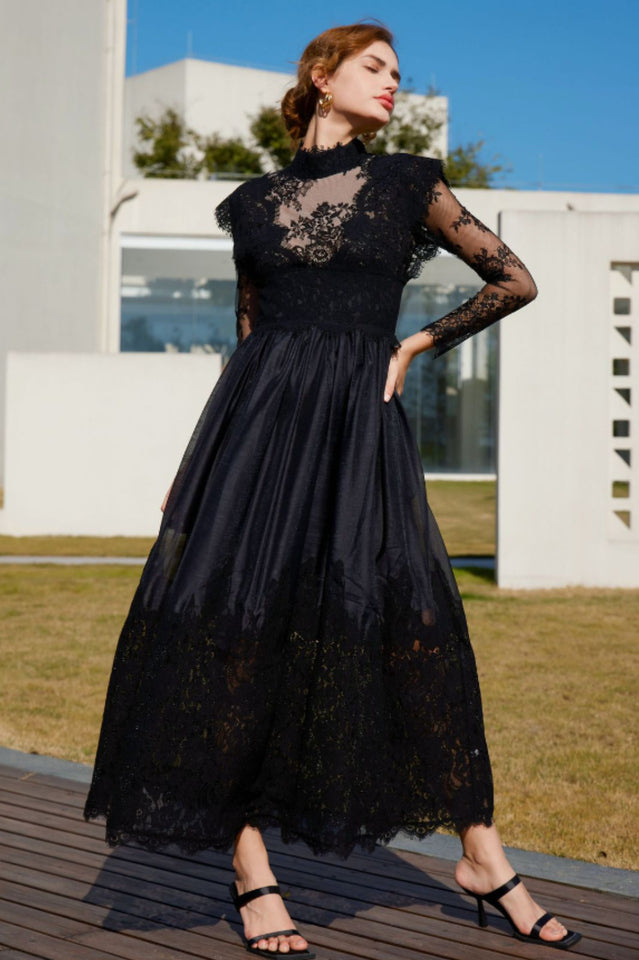 Jamie Black Floral Lace Stitching Dress