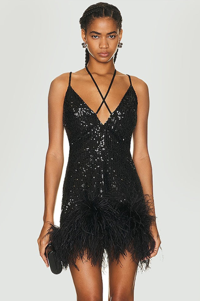 Mini Sequin Dress With Feather Trim