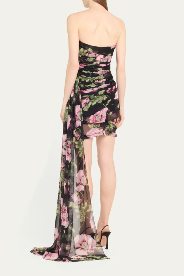 Floral Printed Strapless Draped Mini Dress