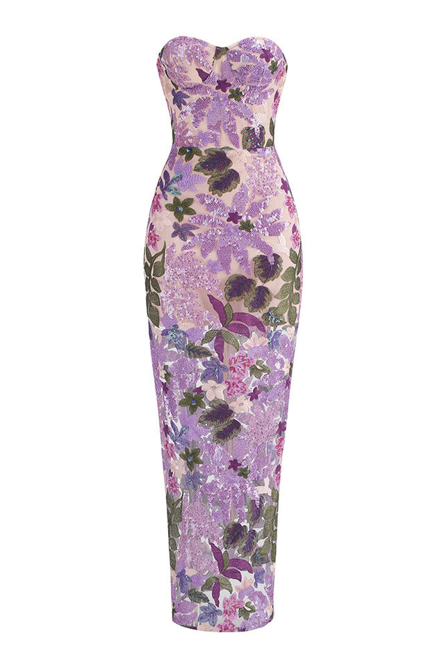 Kamames Strapless Floral Sequined Maxi Dress