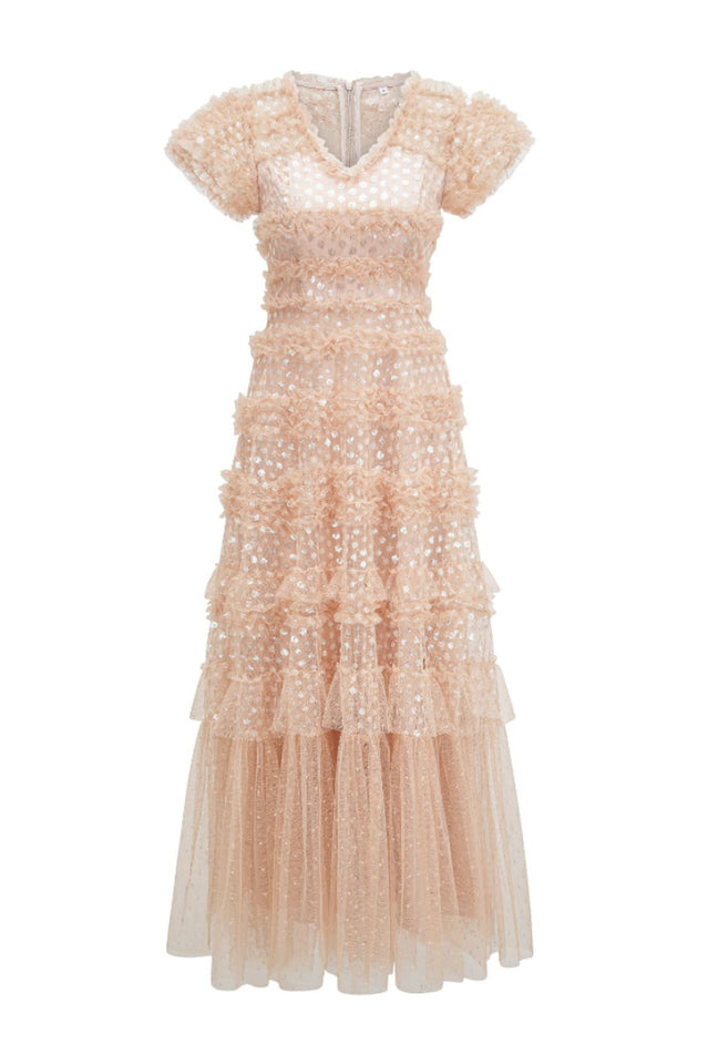 Sequin Layered Ruffle Tulle Maxi Dress