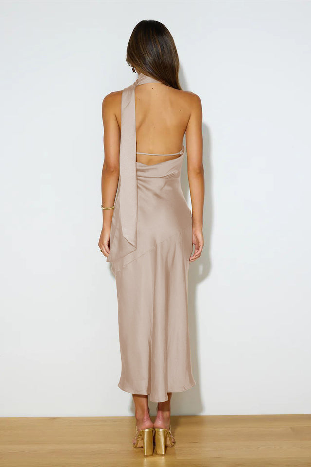 Slinky Open Back Halter Satin Dress