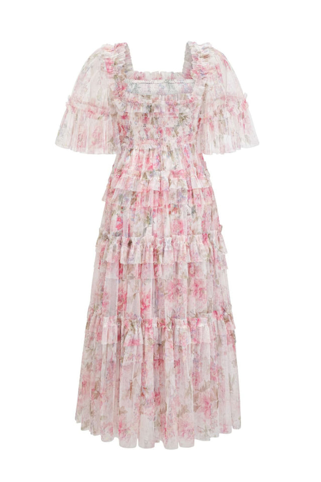 Floral Tulle Ruffle Layered Maxi Dress