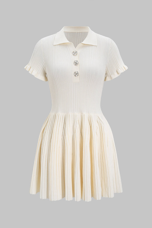 Knit Rhinestone Button Pleated Short Sleeve Dress