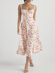 French Ditsy Floral Print Breasted Slim Midi Dress