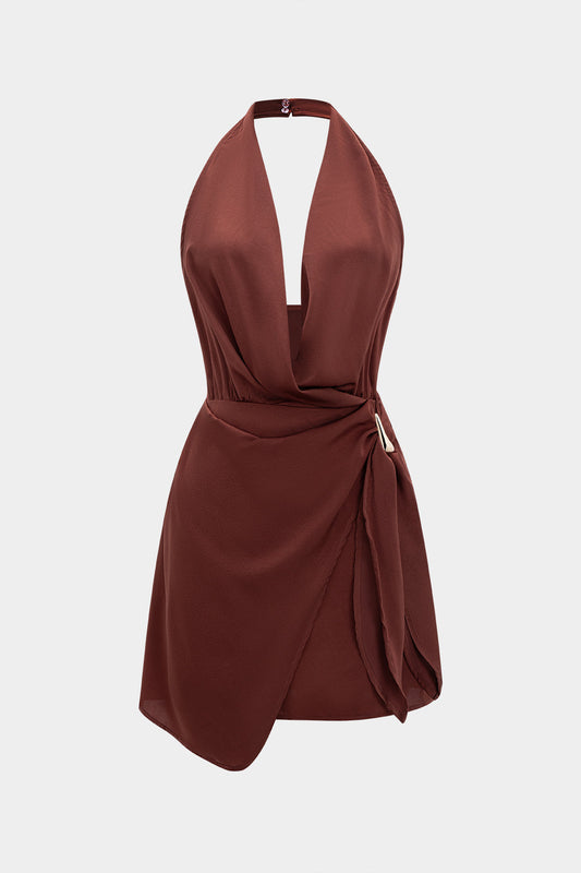 Satin Halter Neck Ruched Backeless Sleeveless Mini Dress