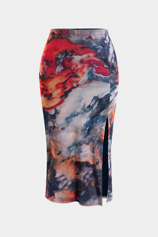 Plus Size Watercolor Print Mesh Slit Skirt