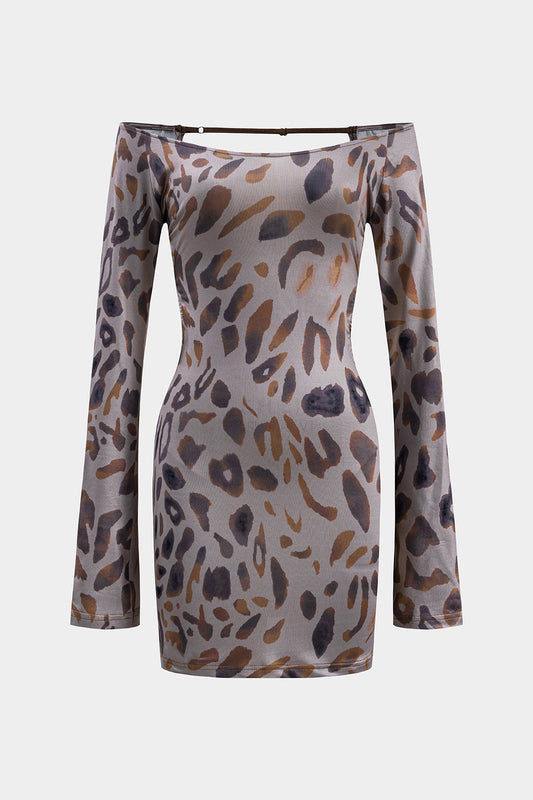 Leopard Print Backless Off Shoulder Long Sleeve Mini Dress