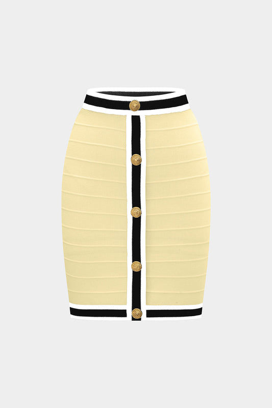 Knit Stripes Contrast Print Button Skirt