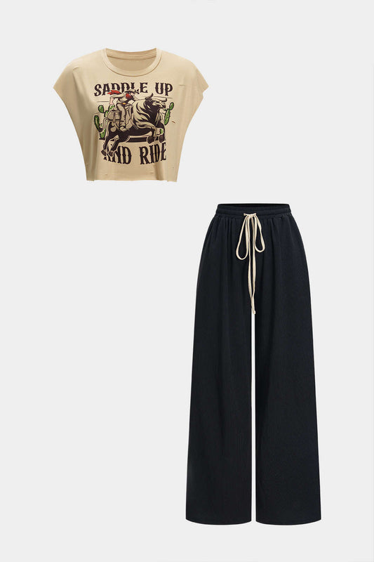 Retro Print T-Shirt And Drawstring Wide Leg Trousers Set