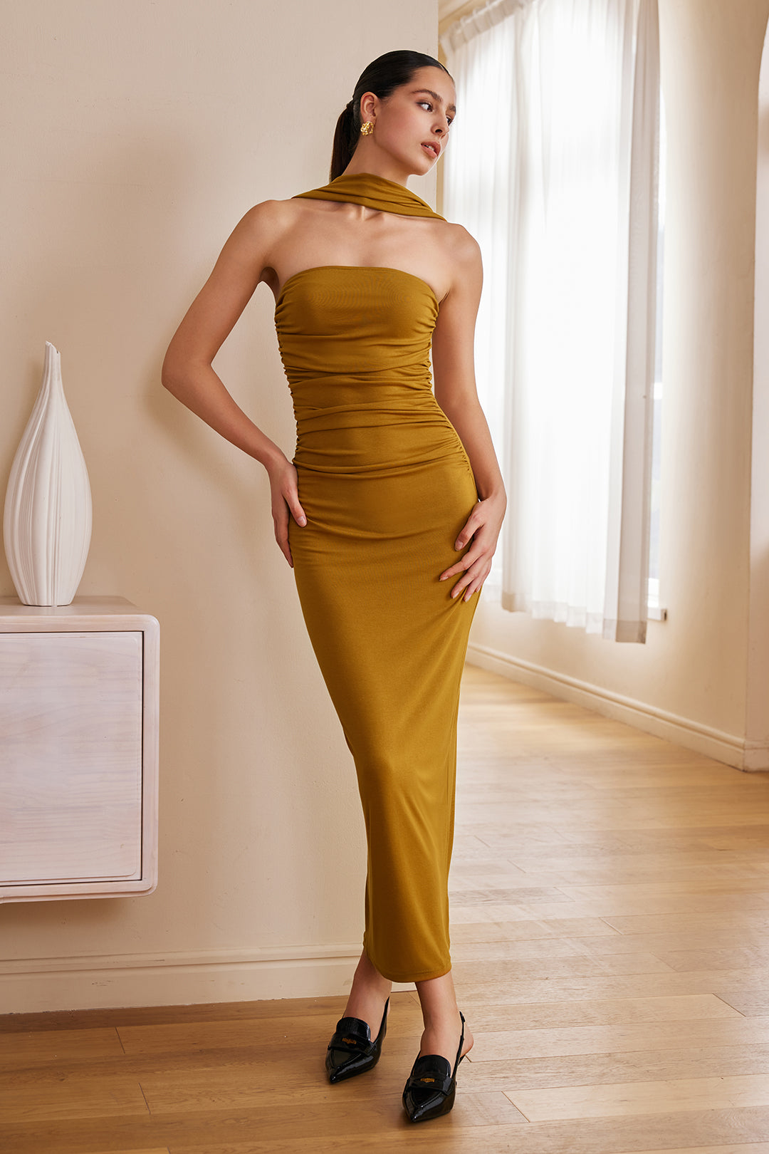 Solid Cut Out Halter Midi Dress